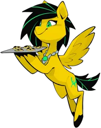 Size: 1499x1901 | Tagged: safe, artist:dar, derpibooru import, oc, oc:lightning bug, unofficial characters only, pegasus, fanfic:song of seven, black mane, chocolate chip cookies, clothes, cookie, cutie mark, flying, food, gem, image, jewelry, necklace, pegasus oc, png, tray, wings