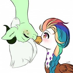 Size: 700x697 | Tagged: safe, artist:torihime, derpibooru import, oc, oc:rainbow feather, dracony, dragon, gryphon, hippogriff, hybrid, blushing, braid, cute, image, interspecies offspring, kissing, magical lesbian spawn, multicolored hair, offspring, parent:gilda, parent:rainbow dash, parents:gildash, png, rainbow hair, simple background, sparks the dracony, transparent background, upside down