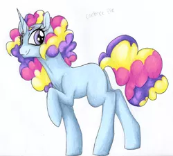 Size: 1623x1460 | Tagged: safe, artist:ask-y, derpibooru import, oc, unofficial characters only, pony, unicorn, eyelashes, female, horn, image, jpeg, magical lesbian spawn, mare, offspring, parent:pinkie pie, parent:princess cadance, parents:cadancepie, simple background, smiling, solo, traditional art, unicorn oc, white background