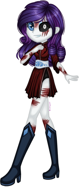 Size: 893x2112 | Tagged: semi-grimdark, artist:fantarianna, derpibooru import, rarity, lil-miss rarity, equestria girls, black sclera, boots, clothes, eye scar, female, grin, high heel boots, image, png, scar, shoes, simple background, skirt, smiling, transparent background