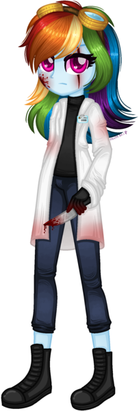 Size: 835x2473 | Tagged: semi-grimdark, artist:fantarianna, derpibooru import, rainbow dash, fanfic:rainbow factory, equestria girls, blood, boots, clothes, dagger, eye scar, fanfic art, female, goggles, image, lab coat, pants, png, scar, shoes, simple background, smiling, solo, transparent background, weapon