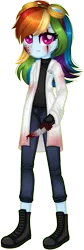 Size: 835x2473 | Tagged: semi-grimdark, artist:fantarianna, derpibooru import, rainbow dash, fanfic:rainbow factory, equestria girls, blood, boots, clothes, dagger, eye scar, fanfic art, female, goggles, image, lab coat, pants, png, scar, shoes, simple background, smiling, solo, transparent background, weapon