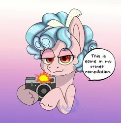 Size: 1336x1357 | Tagged: safe, artist:bluemoon, derpibooru import, cozy glow, earth pony, camera, camera flashes, commission, cringe compilation, female, image, jpeg, looking at you, smug, solo, ych result