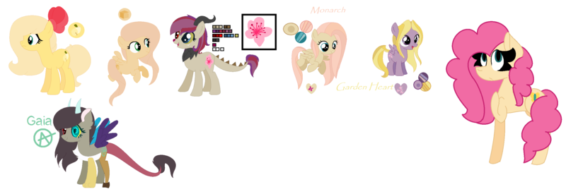 Size: 2652x912 | Tagged: safe, artist:awoomarblesoda, derpibooru import, oc, unofficial characters only, hybrid, pony, base used, heterochromia, image, interspecies offspring, magical lesbian spawn, offspring, parent:applejack, parent:big macintosh, parent:discord, parent:fluttershy, parent:pinkie pie, parents:appleshy, parents:discoshy, parents:fluttermac, parents:flutterpie, png, simple background, white background