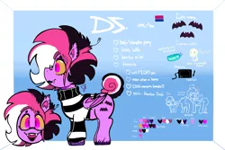 Size: 1800x1200 | Tagged: safe, artist:dsstoner, derpibooru import, oc, bat pony, pony, undead, vampire, vampony, bisexual pride flag, bracelet, clothes, cutie mark, ear piercing, eyebrow piercing, eyeshadow, female, glasses, image, jewelry, lipstick, makeup, mare, piercing, png, ponysona, pride, pride flag, reference sheet, size chart, size comparison, skull, sweater, turtleneck