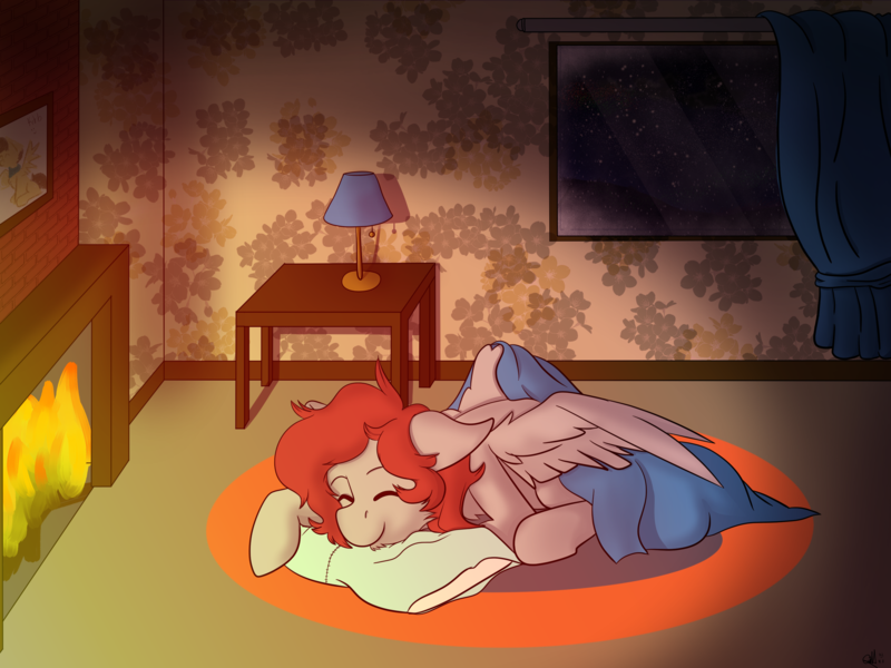 Size: 3200x2400 | Tagged: safe, artist:quillintortilla, derpibooru import, oc, oc:scarlett lane, oc:snaggletooth, unofficial characters only, pegasus, pony, blanket, fireplace, freckles, image, pillow, png, sleeping