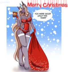 Size: 1219x1280 | Tagged: suggestive, artist:lisochka69, derpibooru import, oc, unofficial characters only, anthro, unguligrade anthro, unicorn, bikini, breasts, christmas, christmas presents, clothes, corset, digital art, female, holiday, horn, image, jpeg, looking at you, sack, socks, solo, stockings, swimsuit, tail, thigh highs, thighs, wide hips