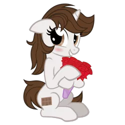 Size: 1500x1500 | Tagged: safe, artist:the smiling pony, derpibooru import, oc, oc:dorm pony, unofficial characters only, unicorn, derpibooru community collaboration, .svg available, 2022 community collab, blushing, bouquet, floppy ears, flower, image, looking at you, png, rose, simple background, smiling, solo, transparent background, vector