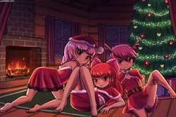 Size: 1125x750 | Tagged: suggestive, artist:lumineko, banned from derpibooru, apple bloom, scootaloo, sweetie belle, human, blushing, christmas, christmas tree, clothes, costume, cutie mark crusaders, female, fireplace, holiday, humanized, image, jpeg, lolicon, santa costume, tongue out, tree, underage