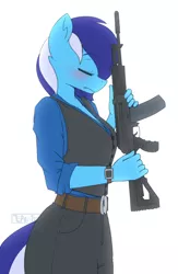 Size: 800x1228 | Tagged: safe, derpibooru import, oc, oc:brushie brusha, unofficial characters only, anthro, pony, clothes, female, gun, image, png, rifle, solo, weapon