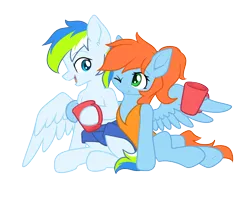 Size: 1500x1200 | Tagged: safe, derpibooru import, oc, oc:morning star, oc:rain bow, pegasus, derpibooru community collaboration, 2022 community collab, clothes, cup, duo, female, image, male, one eye closed, png, ponytail, sitting, swimsuit, wing hands, wing hold, wings, wink