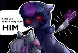 Size: 824x562 | Tagged: semi-grimdark, artist:gusinya, derpibooru import, oc, oc:lulu hollow, oc:minty horn, unofficial characters only, pony, unicorn, angry, english, evil grin, grin, image, knife, levitation, magic, monologue, png, scared, smiling, solo, talking, telekinesis, text, weapon