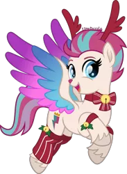Size: 2921x4000 | Tagged: safe, artist:limedazzle, derpibooru import, zipp storm, deer, deer pony, hybrid, original species, pegasus, pony, reindeer, my little pony: a new generation, antlers, christmas, cloven hooves, colored wings, cutie mark, female, flying, g4, g5, g5 to g4, happy, high res, holiday, image, inkscape, looking at you, mare, multicolored wings, open mouth, png, simple background, solo, transparent background, vector, wings