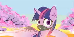 Size: 1700x847 | Tagged: safe, artist:adamscage, derpibooru import, twilight sparkle, twilight sparkle (alicorn), alicorn, pony, :3, cherry blossoms, chromatic aberration, colored pupils, ear fluff, face mask, flower, flower blossom, image, looking at you, mask, png, solo, spread wings, wings