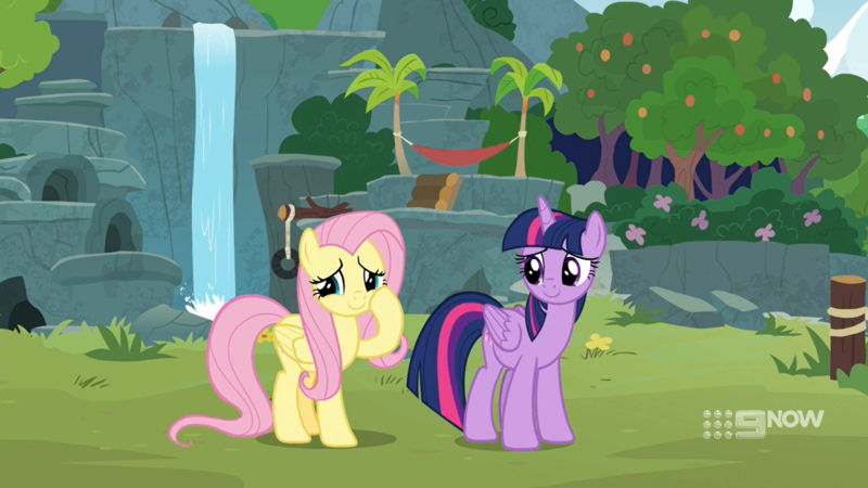 Size: 1920x1080 | Tagged: safe, derpibooru import, screencap, fluttershy, twilight sparkle, twilight sparkle (alicorn), alicorn, pegasus, pony, memnagerie, spoiler:memnagerie, spoiler:mlp friendship is forever, 9now, duo, duo female, female, folded wings, hoof on cheek, image, outdoors, png, sweet feather sanctuary, waterfall, wings