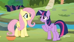 Size: 1920x1080 | Tagged: safe, derpibooru import, screencap, fluttershy, twilight sparkle, twilight sparkle (alicorn), alicorn, pegasus, pony, memnagerie, spoiler:memnagerie, spoiler:mlp friendship is forever, 9now, bowl, butt, duo, duo female, female, folded wings, image, outdoors, plot, png, river, sweet feather sanctuary, twibutt, water, wings