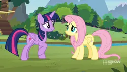 Size: 1920x1080 | Tagged: safe, derpibooru import, screencap, fluttershy, twilight sparkle, twilight sparkle (alicorn), alicorn, pegasus, pony, memnagerie, spoiler:memnagerie, spoiler:mlp friendship is forever, 9now, duo, duo female, female, folded wings, image, outdoors, png, raised hoof, river, sweet feather sanctuary, water, wings