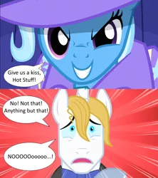 Size: 1280x1440 | Tagged: safe, derpibooru import, edit, edited screencap, screencap, prince blueblood, trixie, pony, unicorn, boast busters, the best night ever, bluetrix, cape, close-up, clothes, dialogue, female, hat, image, imminent kissing, male, png, shipping, shipping domino, speech bubble, straight, trixie's cape, trixie's hat, worried