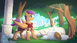 Size: 3840x2160 | Tagged: safe, artist:strafe blitz, derpibooru import, oc, unofficial characters only, pegasus, pony, bag, image, png, ruins, runes, saddle bag, shield, solo, sword, tree, weapon