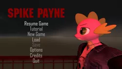 Size: 1920x1080 | Tagged: safe, artist:ponygamersfm, derpibooru import, edit, screencap, spike, anthro, digitigrade anthro, dragon, 3d, bust, clothes, crossover, game, image, jewelry, lidded eyes, main menu, male, max payne, necklace, nexgen, outfit, png, portrait, red background, shirt, simple background, solo, source filmmaker, spike payne, text, title, video game, video game crossover