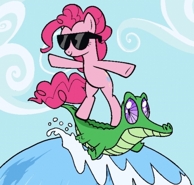 Size: 776x742 | Tagged: safe, derpibooru import, screencap, gummy, pinkie pie, alligator, earth pony, pony, a royal problem, blue sky, cloud, cropped, image, jpeg, lowres, my little pony color my world, pinkie pie riding gummy, ponies riding gators, profile picture, riding, smiling, sunglasses, surfing, wave
