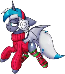 Size: 1947x2212 | Tagged: safe, artist:northernlightsone, derpibooru import, oc, oc:elizabat stormfeather, unofficial characters only, alicorn, bat pony, bat pony alicorn, pony, alicorn oc, bat pony oc, bat wings, christmas sweater, clothes, commission, earmuffs, fangs, female, horn, image, mare, png, raised hoof, raised leg, simple background, socks, solo, stockings, striped socks, sweater, thigh highs, transparent background, wings, ych result