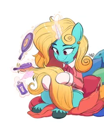 Size: 2480x2924 | Tagged: safe, artist:fanzeem, derpibooru import, oc, oc:seafoam breeze, pony, unicorn, ascot, brush, brushing, brushing tail, clothes, ear piercing, earring, female, hairspray, image, jewelry, mare, mirror, piercing, pillow, png, socks, solo