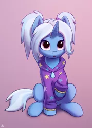 Size: 1250x1750 | Tagged: safe, artist:luminousdazzle, derpibooru import, trixie, unicorn, alternate hairstyle, babysitter trixie, clothes, cute, diatrixes, g4, gradient background, hoodie, image, looking at you, looking up, pigtails, png, ponytail, raised hoof, simple background, sitting, twintails
