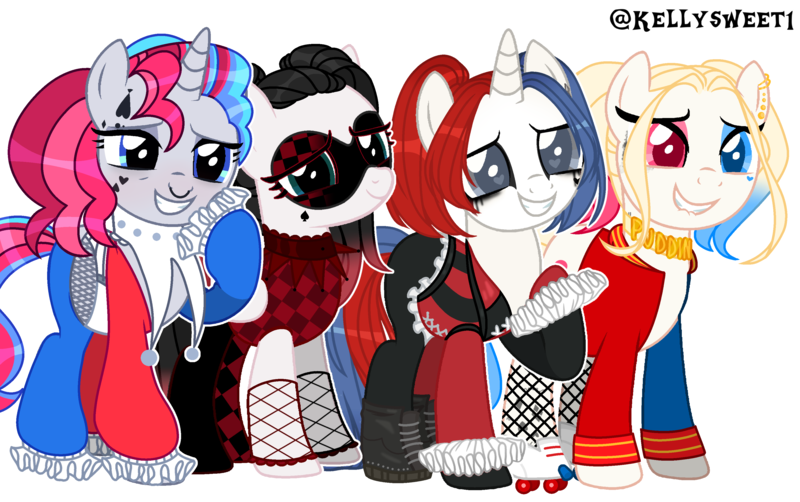 Size: 3446x2161 | Tagged: safe, artist:dragonchaser123, artist:kellysweet1, derpibooru import, oc, oc:giggle glider, oc:har-harley queen, oc:harleen hijinks, oc:side-splitter, unofficial characters only, earth pony, pegasus, pony, unicorn, base used, boots, choker, clothes, corset, ear piercing, earring, eyebrow piercing, eyeshadow, female, fishnets, gloves, grin, group, harley quinn, heterochromia, image, jacket, jester, jewelry, makeup, mare, mask, multicolored hair, nose piercing, nose ring, piercing, pigtails, png, raised hoof, roller skates, shirt, shoes, simple background, smiling, socks, stockings, t-shirt, tattoo, thigh highs, transparent background, twintails