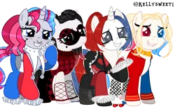 Size: 3446x2161 | Tagged: safe, artist:dragonchaser123, artist:kellysweet1, derpibooru import, oc, oc:giggle glider, oc:har-harley queen, oc:harleen hijinks, oc:side-splitter, unofficial characters only, earth pony, pegasus, pony, unicorn, base used, boots, choker, clothes, corset, ear piercing, earring, eyebrow piercing, eyeshadow, female, fishnets, gloves, grin, group, harley quinn, heterochromia, image, jacket, jester, jewelry, makeup, mare, mask, multicolored hair, nose piercing, nose ring, piercing, pigtails, png, raised hoof, roller skates, shirt, shoes, simple background, smiling, socks, stockings, t-shirt, tattoo, thigh highs, transparent background, twintails