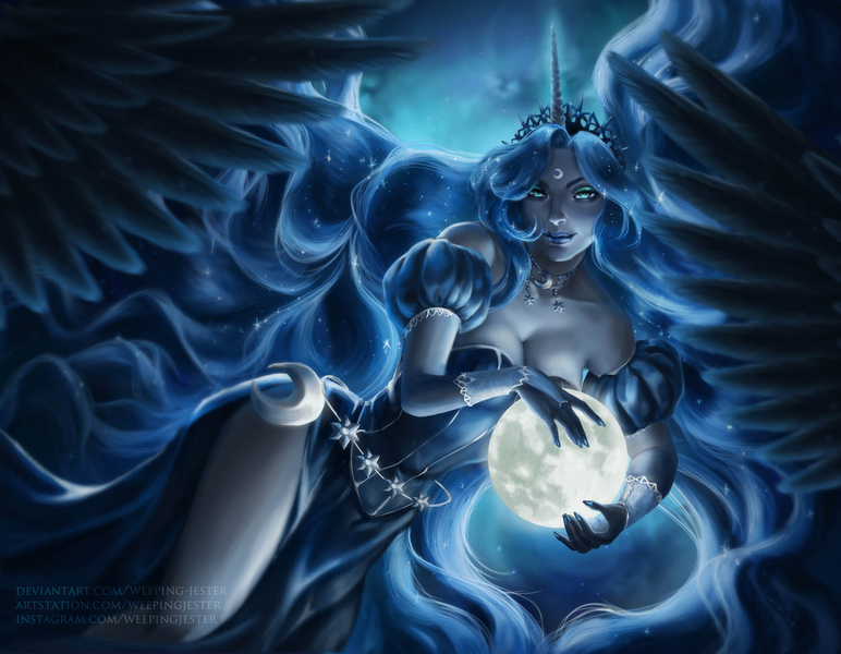 Size: 1280x995 | Tagged: safe, artist:weeping-jester, derpibooru import, princess luna, human, breasts, busty princess luna, cleavage, clothes, dress, female, horn, horned humanization, humanized, image, jewelry, jpeg, looking at you, moon, necklace, pony coloring, side slit, solo, tangible heavenly object, winged humanization, wings