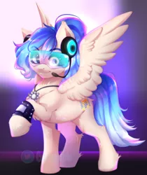 Size: 700x834 | Tagged: oc name needed, safe, artist:cabbage-arts, derpibooru import, oc, unofficial characters only, pegasus, pony, eyebrows, eyebrows visible through hair, headphones, hock fluff, image, jewelry, microphone, pendant, png, solo, spread wings, watermark, wings
