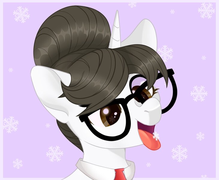 Size: 2048x1681 | Tagged: source needed, useless source url, safe, artist:candystartrixie, derpibooru import, raven, pony, unicorn, brown eyes, bust, catching snowflakes, christmas, commission, cute, eyelashes, female, glasses, hair bun, holiday, horn, image, jpeg, mare, necktie, open mouth, open smile, portrait, raven inkwell, ravenbetes, secretary, simple background, smiling, snow, snowflake, solo, tongue out, ych result