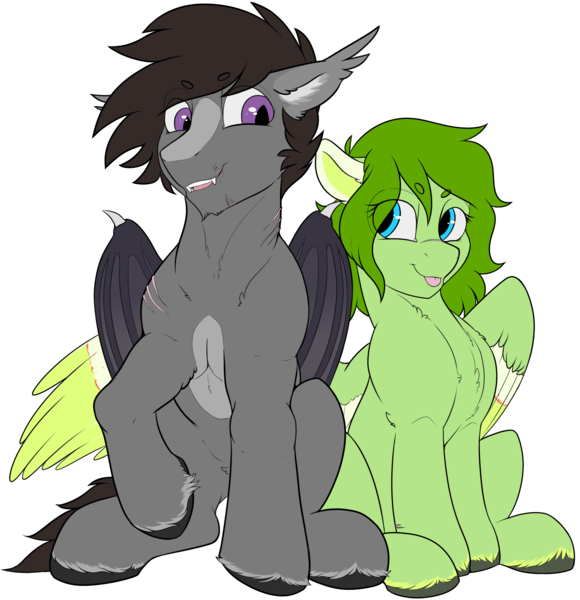 Size: 3093x3198 | Tagged: safe, artist:cold blight, derpibooru import, oc, oc:lief, oc:windwalker, unofficial characters only, bat, bat pony, pegasus, derpibooru community collaboration, 2022 community collab, :p, bat pony oc, bat wings, beanbrows, colored wings, couple, cute, eyebrows, floppy ears, image, multicolored wings, pegasus oc, png, simple background, sitting, tongue out, transparent background, unshorn fetlocks, windsong, wings