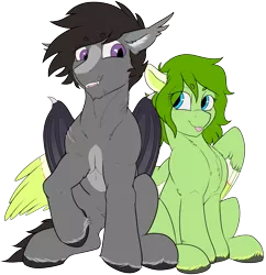Size: 3093x3198 | Tagged: safe, artist:cold blight, derpibooru import, oc, oc:lief, oc:windwalker, unofficial characters only, bat, bat pony, pegasus, derpibooru community collaboration, 2022 community collab, :p, bat pony oc, bat wings, beanbrows, colored wings, couple, cute, eyebrows, floppy ears, image, multicolored wings, pegasus oc, png, simple background, sitting, tongue out, transparent background, unshorn fetlocks, windsong, wings