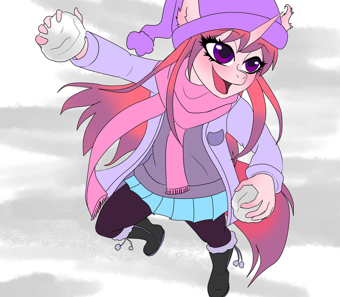 Size: 3756x3286 | Tagged: safe, artist:cali luminos, derpibooru import, oc, oc:aine, anthro, unicorn, artwork, boots, child, clothes, digital, female, image, jpeg, scarf, shoes, snow, snowball, solo, winter clothes, winter outfit