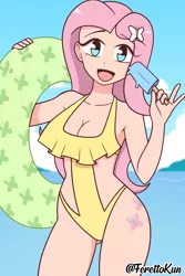 Size: 1000x1500 | Tagged: suggestive, artist:ferettokun, derpibooru import, floater, fluttershy, human, equestria girls, equestria girls series, anime, breasts, busty fluttershy, clothes, cute, cutie mark on human, eye clipping through hair, eyebrows, eyebrows visible through hair, floaty, food, image, one-piece swimsuit, open mouth, open smile, png, popsicle, shyabetes, smiling, solo, summer, swimsuit, yellow swimsuit