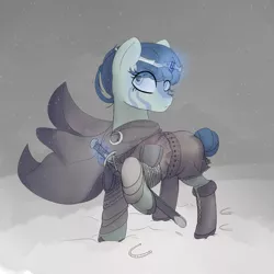 Size: 3000x3000 | Tagged: safe, artist:remedy7en, derpibooru import, oc, oc:inkstead, unofficial characters only, earth pony, armor, boots, bun, chainmail, circlet, cloak, clothes, image, magic, png, shoes, snow, solo, sword, viking, weapon