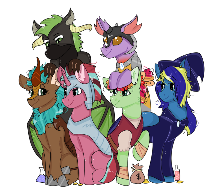 Size: 1280x1128 | Tagged: safe, artist:valkiria, derpibooru import, oc, oc:cocoa berry, oc:halcyon halfnote, oc:larynx (changeling), oc:lobelya, oc:wild goosechase, unnamed oc, unofficial characters only, changedling, changeling, dragon, earth pony, kirin, pegasus, pony, unicorn, derpibooru community collaboration, 2022 community collab, armor, bandage, bandana, bard, bits, boots, changedling oc, changeling oc, clothes, dragon oc, dungeons and dragons, fantasy class, female, freckles, glass, gloves, glow, glowing horn, grin, hat, healer, helmet, hoof shoes, horn, image, kirin oc, knee pads, male, mare, money, multicolored hair, nonbinary, pants, pen and paper rpg, png, potion, pouch, robe, rpg, shirt, shoes, simple background, singing, sitting, sky, smiling, transparent background, vest, wall of tags, wizard, wizard hat