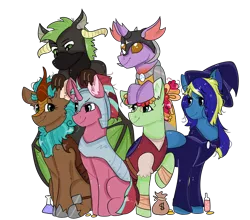 Size: 1280x1128 | Tagged: safe, artist:valkiria, derpibooru import, oc, oc:cocoa berry, oc:halcyon halfnote, oc:larynx (changeling), oc:lobelya, oc:wild goosechase, unnamed oc, unofficial characters only, changedling, changeling, dragon, earth pony, kirin, pegasus, pony, unicorn, derpibooru community collaboration, 2022 community collab, armor, bandage, bandana, bard, bits, boots, changedling oc, changeling oc, clothes, dragon oc, dungeons and dragons, fantasy class, female, freckles, glass, gloves, glow, glowing horn, grin, hat, healer, helmet, hoof shoes, horn, image, kirin oc, knee pads, male, mare, money, multicolored hair, nonbinary, pants, pen and paper rpg, png, potion, pouch, robe, rpg, shirt, shoes, simple background, singing, sitting, sky, smiling, transparent background, vest, wall of tags, wizard, wizard hat