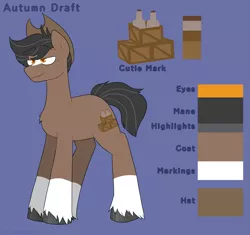 Size: 2187x2052 | Tagged: safe, artist:2k.bugbytes, ponybooru import, oc, oc:autumn draft, unofficial characters only, earth pony, pony, black mane, black tail, brown coat, chest fluff, coat markings, cowboy hat, draft horse, earth pony oc, hat, image, male, png, purple background, reference sheet, simple background, smiling, socks (coat marking), stallion, text, unshorn fetlocks