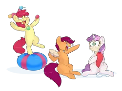 Size: 1600x1200 | Tagged: safe, artist:2k.bugbytes, ponybooru import, apple bloom, scootaloo, sweetie belle, earth pony, pegasus, pony, unicorn, ball, balloon, crying, cutie mark crusaders, female, filly, foal, food, image, juggling, laughing, open mouth, pie, png, simple background, sitting, standing, standing on one leg, tears of laughter, transparent background