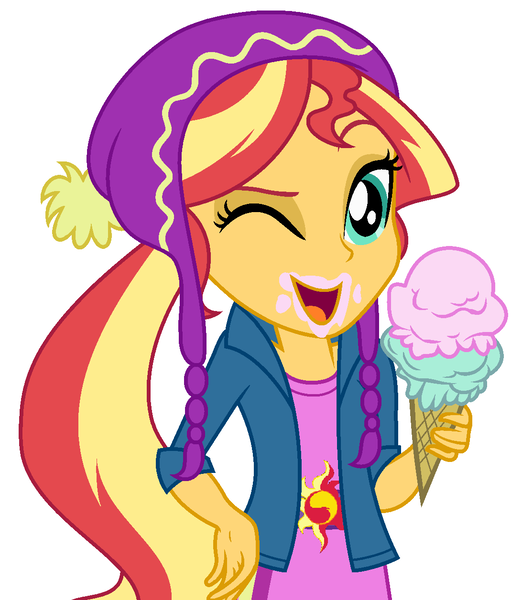 Size: 1092x1256 | Tagged: safe, artist:sarahalen, derpibooru import, sunset shimmer, equestria girls, female, food, ice cream, image, looking at you, one eye closed, png, simple background, solo, white background, wink, winking at you