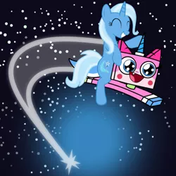 Size: 1080x1080 | Tagged: safe, artist:grapefruit-face, derpibooru import, trixie, base used, flying, image, png, show accurate, space, unikitty, unikitty! (tv series)