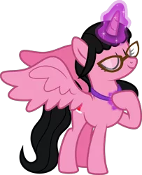 Size: 4000x4918 | Tagged: safe, artist:melisareb, derpibooru import, oc, oc:aaliyah, unofficial characters only, alicorn, pony, derpibooru community collaboration, 2022 community collab, absurd resolution, amulet, eyes closed, female, glasses, image, jewelry, magic, mare, png, simple background, solo, telekinesis, transparent background, vector, wings