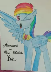 Size: 678x960 | Tagged: safe, artist:aking, derpibooru import, rainbow dash, pony, awesome as i want to be, element of loyalty, image, jpeg, one eye closed, solo, traditional art, wink