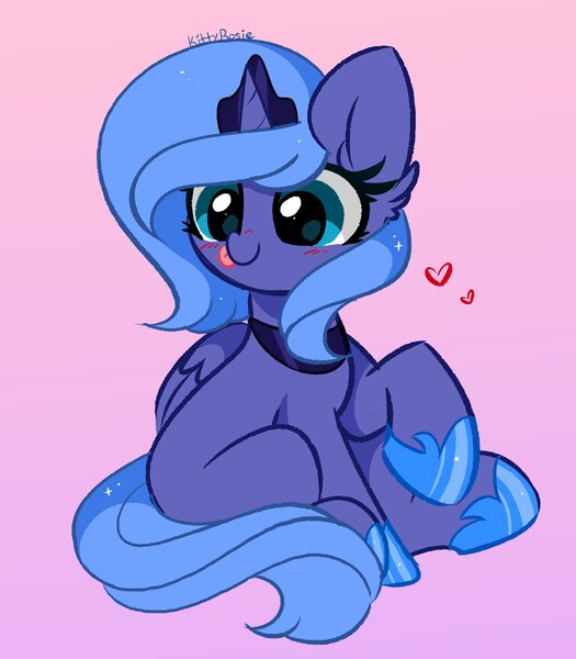 Size: 3585x4096 | Tagged: safe, artist:kittyrosie, derpibooru import, princess luna, alicorn, pony, abstract background, blank flank, blushing, crown, cute, female, filly, heart, hoof shoes, image, jewelry, jpeg, lunabetes, pink background, regalia, s1 luna, simple background, sitting, solo, tongue out, woona, younger