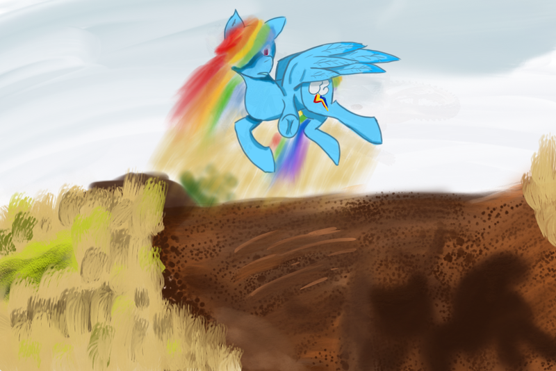 Size: 1000x667 | Tagged: safe, derpibooru import, rainbow dash, pegasus, dirt, image, png, side view, sky, solo, spread wings, wings