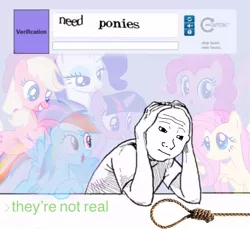 Size: 600x550 | Tagged: safe, applejack, fluttershy, pinkie pie, rainbow dash, rarity, twilight sparkle, human, pony, captcha, feels guy, female, greentext, image, jpeg, male, mane six, mare, meme, noose, text, wojak