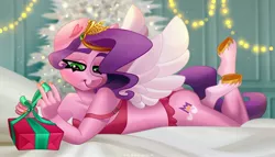Size: 4096x2349 | Tagged: suggestive, artist:irinamar, derpibooru import, pipp petals, anthro, pegasus, unguligrade anthro, g5, my little pony: a new generation, bed, bra, christmas, clothes, holiday, image, jpeg, laying on bed, lingerie, lying down, on bed, panties, present, solo, stupid sexy pipp petals, underwear